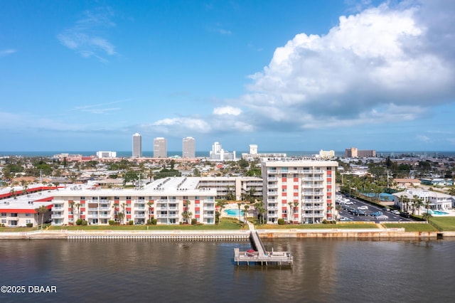 drone / aerial view with a water view