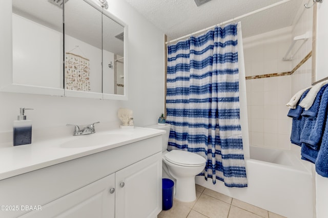 full bathroom with toilet, a textured ceiling, vanity, shower / bath combo, and tile patterned flooring