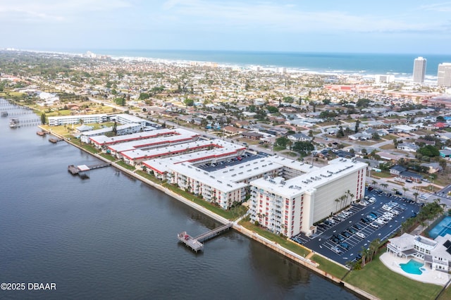 bird's eye view with a water view