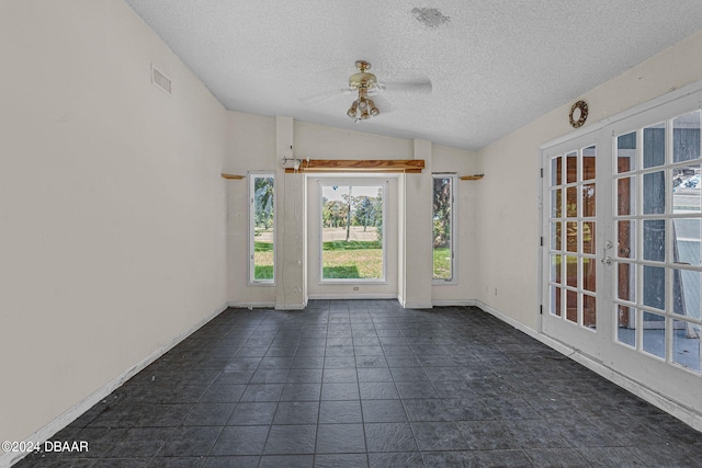 unfurnished sunroom with french doors, ceiling fan, and vaulted ceiling