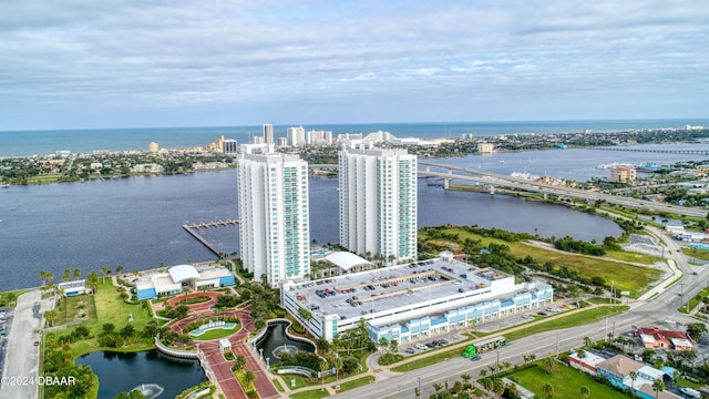 drone / aerial view with a water view