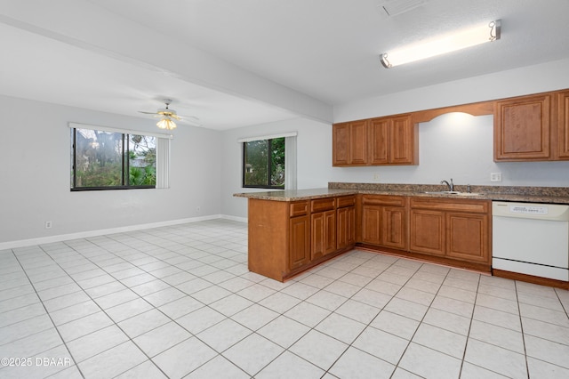 kitchen with sink, ceiling fan, white dishwasher, light stone counters, and kitchen peninsula