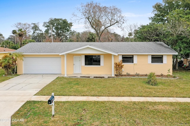 ranch-style home featuring a garage and a front lawn