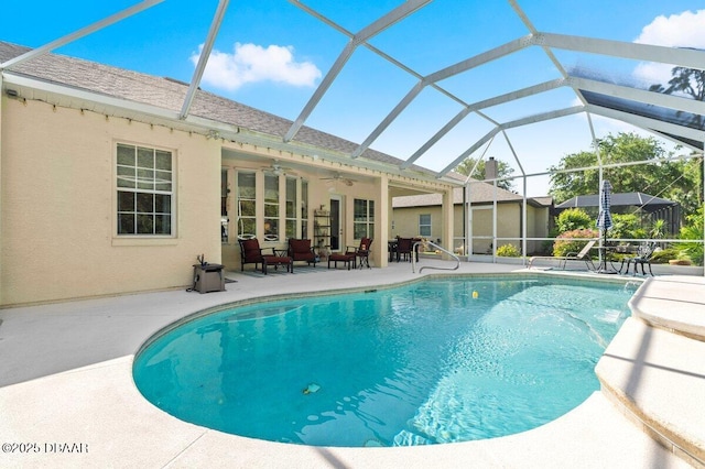 3428 Rexford Cir, Ormond Beach, FL 32174 - outdoor pool featuring a patio, ceiling fan, and a lanai