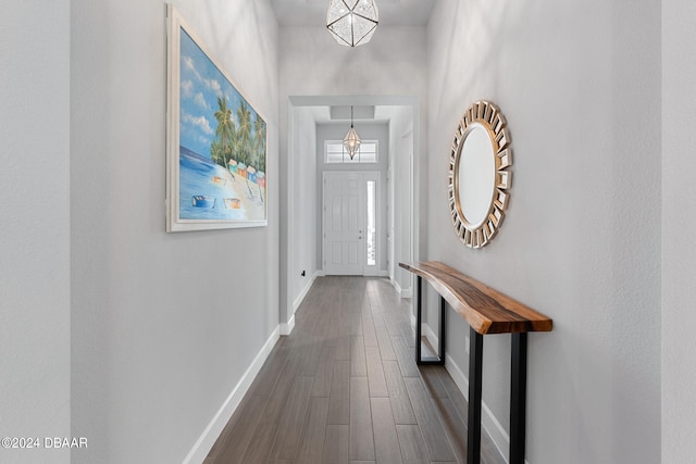 foyer with wood-type flooring and an inviting chandelier