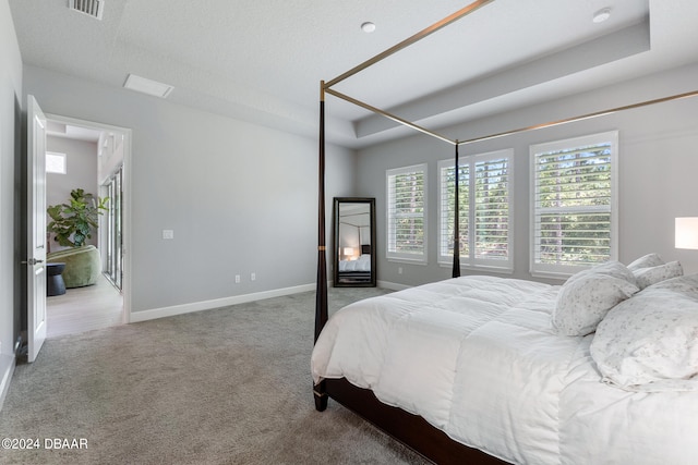 carpeted bedroom featuring a textured ceiling and a raised ceiling