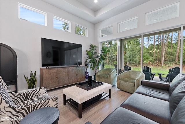 living room featuring a high ceiling and light hardwood / wood-style floors