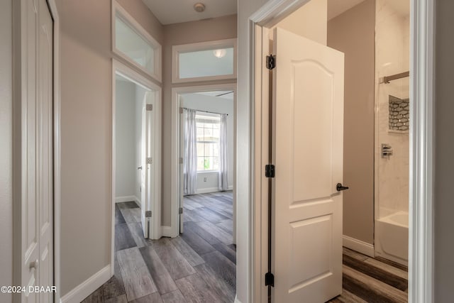 hallway with dark hardwood / wood-style floors