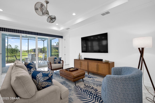 464 Tropics Ave, Daytona Beach, FL 32124 - living room featuring ornamental molding, a raised ceiling, recessed lighting, and light marble finish flooring