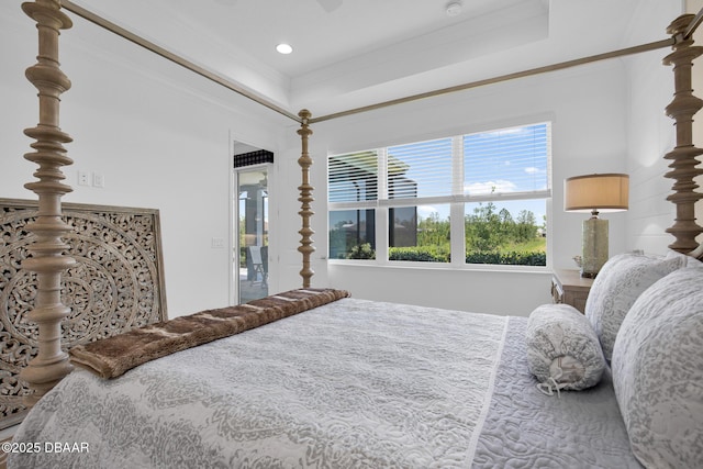 464 Tropics Ave, Daytona Beach, FL 32124 - bedroom featuring ornamental molding, a tray ceiling, recessed lighting, and ceiling fan