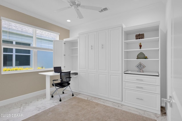 464 Tropics Ave, Daytona Beach, FL 32124 - office featuring light marble finish flooring, crown molding, ceiling fan, baseboards, and recessed lighting