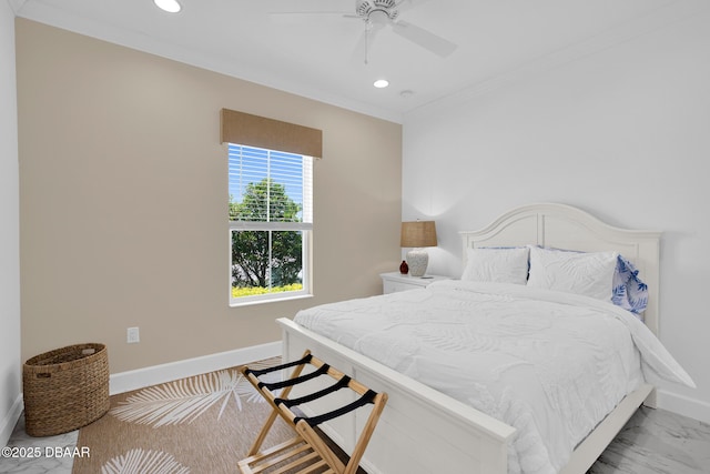464 Tropics Ave, Daytona Beach, FL 32124 - bedroom featuring baseboards, ornamental molding, recessed lighting, and ceiling fan