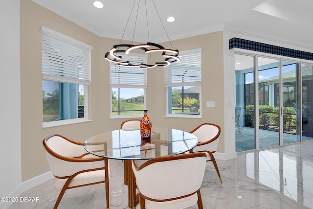 464 Tropics Ave, Daytona Beach, FL 32124 - dining area with marble tiled flooring, a chandelier, baseboards, ornamental molding, and recessed lighting