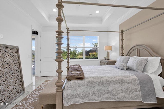464 Tropics Ave, Daytona Beach, FL 32124 - bedroom with ornamental molding, marble finish flooring, a raised ceiling, and recessed lighting