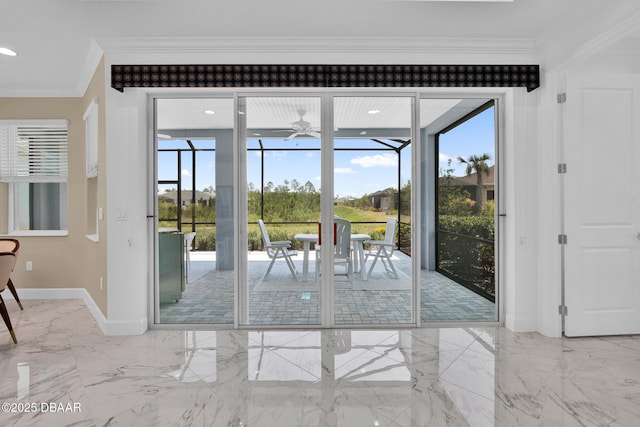 464 Tropics Ave, Daytona Beach, FL 32124 - entryway with ornamental molding, baseboards, marble tiled flooring, a ceiling fan, and a sunroom