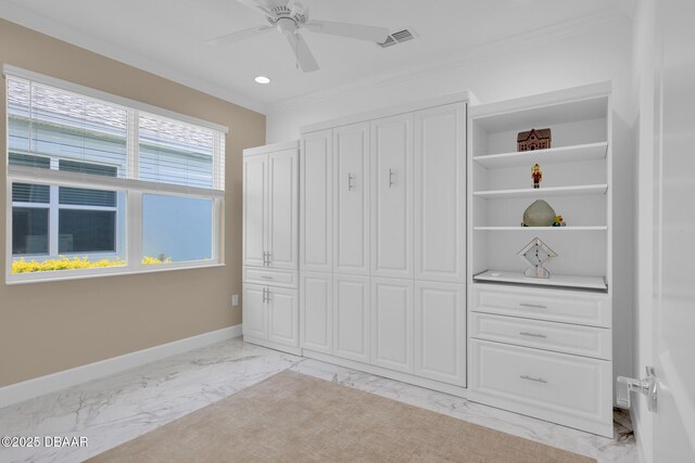 464 Tropics Ave, Daytona Beach, FL 32124 - unfurnished bedroom with light marble finish floors, crown molding, baseboards, ceiling fan, and recessed lighting