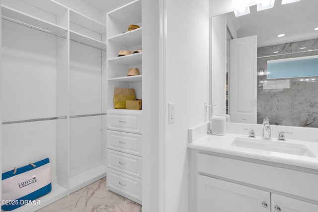 464 Tropics Ave, Daytona Beach, FL 32124 - full bath featuring vanity, marble finish floors, a closet, a shower, and recessed lighting