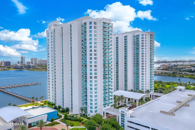 view of building exterior with a water view