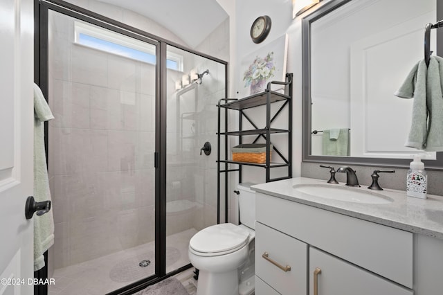 bathroom featuring toilet, a stall shower, and vanity