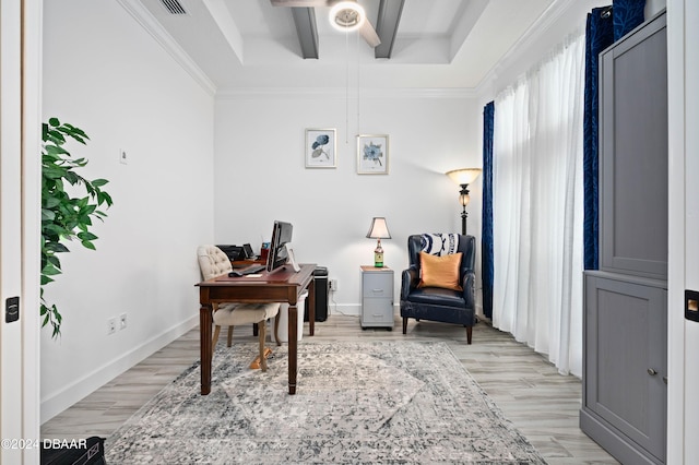 home office with beamed ceiling, light hardwood / wood-style flooring, ceiling fan, and ornamental molding