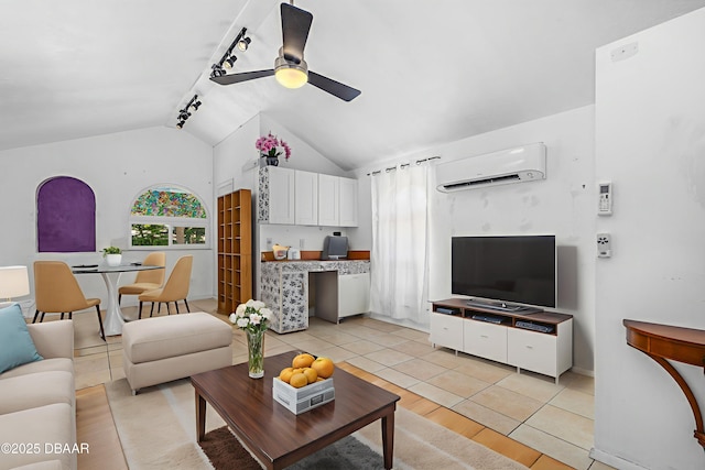 1104 Jacaranda Ave, Daytona Beach, FL 32118 - living room featuring a wall mounted air conditioner, a ceiling fan, lofted ceiling, and light wood-style flooring