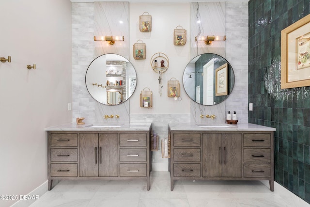 75 Trailmark Ct, Ormond Beach, FL 32174 - full bathroom featuring two vanities, marble look tile flooring, and tile walls