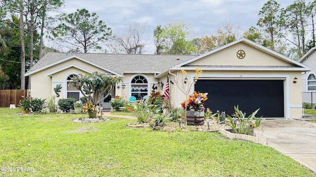 single story home featuring a garage and a front yard