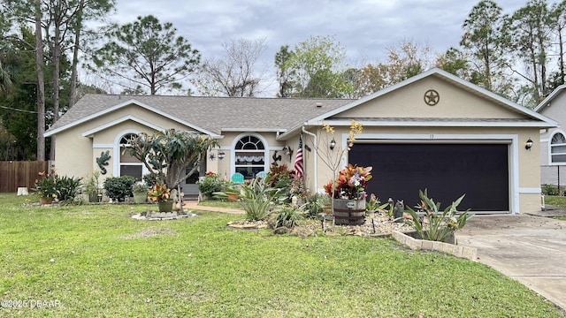 ranch-style house featuring a garage and a front lawn