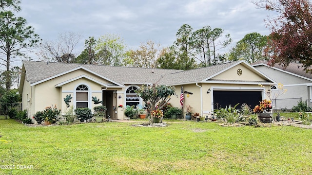 ranch-style home featuring a garage and a front yard