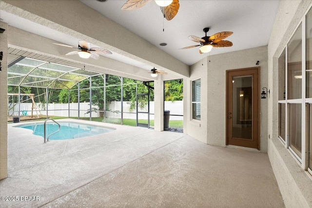 36 Allenwood Look, Ormond Beach, FL 32174 - view of pool featuring a ceiling fan, a patio, a fenced backyard, and glass enclosure