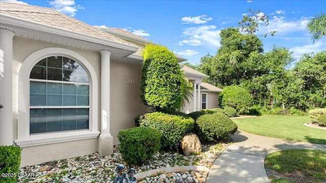 36 Allenwood Look, Ormond Beach, FL 32174 - view of side of property featuring stucco siding, a yard, and a shingled roof