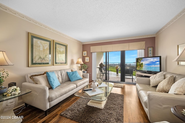 living room featuring dark hardwood / wood-style floors, a textured ceiling, and ornamental molding