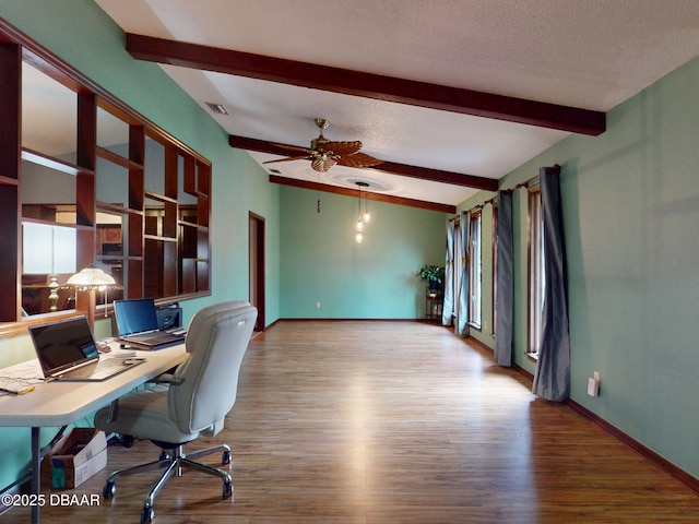 108 Dee St, New Smyrna Beach, FL 32168 - office area featuring beamed ceiling, wood finished floors, ceiling fan, and baseboards