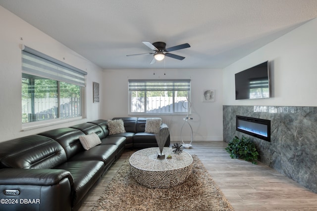 living room featuring ceiling fan, tile walls, and hardwood / wood-style flooring