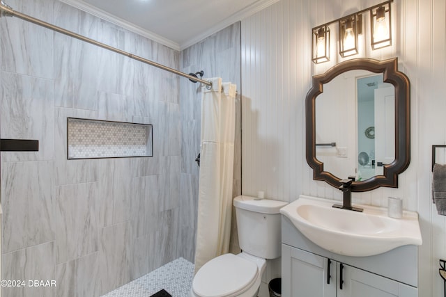 bathroom featuring crown molding, toilet, vanity, and walk in shower