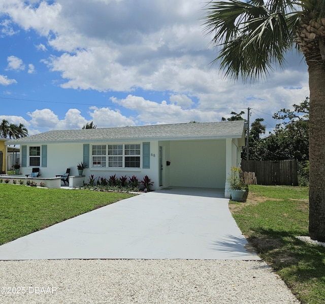 single story home with driveway, stucco siding, and an attached carport