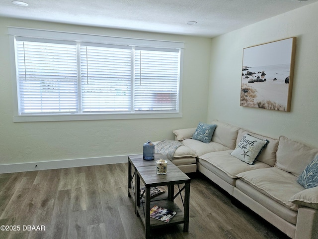 living area with wood finished floors, healthy amount of natural light, and baseboards