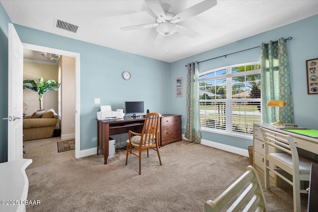 office with carpet, visible vents, a textured ceiling, and baseboards