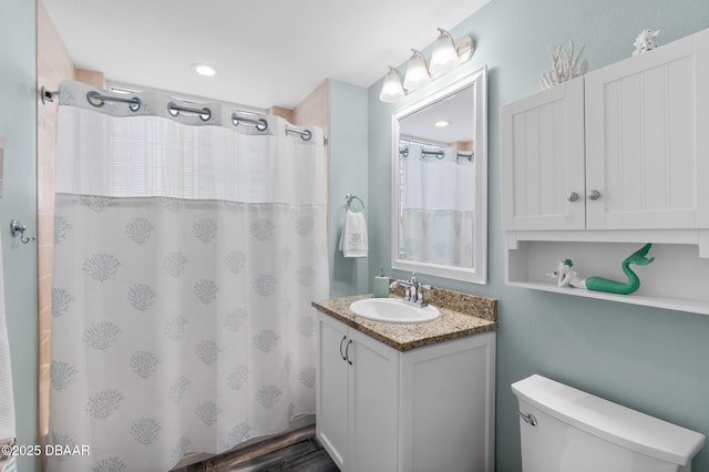 bathroom featuring toilet, wood-type flooring, vanity, and a shower with shower curtain