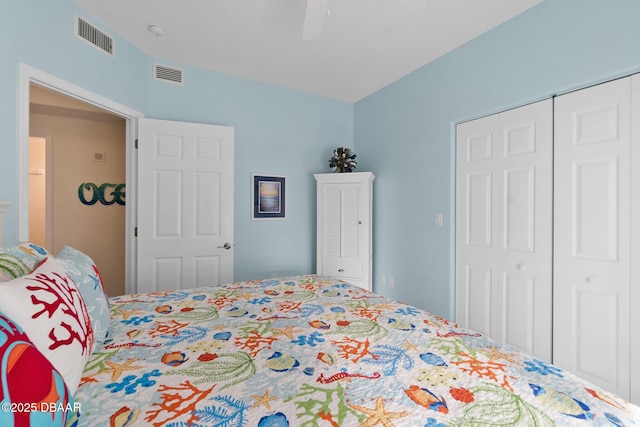 bedroom featuring ceiling fan and a closet