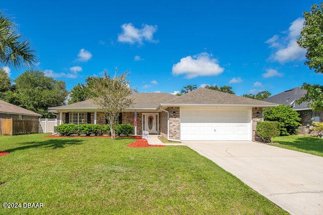 ranch-style home with a garage and a front yard