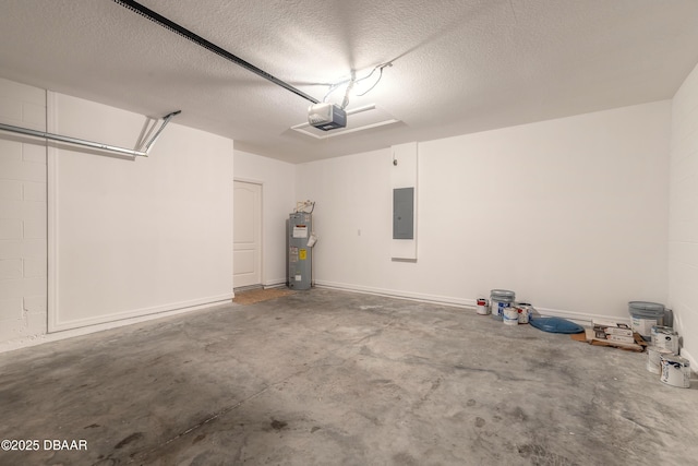 garage featuring electric panel, water heater, and a garage door opener