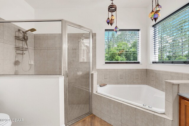 bathroom featuring wood-type flooring, vanity, and plus walk in shower