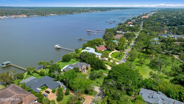 drone / aerial view featuring a water view