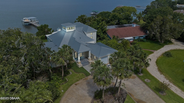 birds eye view of property featuring a water view