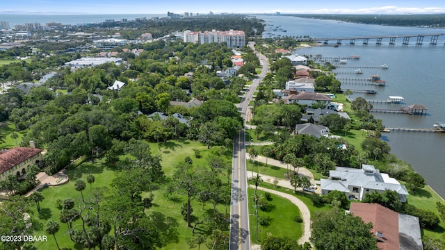 drone / aerial view featuring a water view