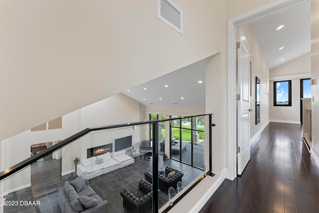 hall featuring high vaulted ceiling and dark wood-type flooring