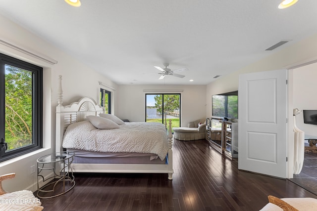 bedroom featuring dark hardwood / wood-style flooring and ceiling fan