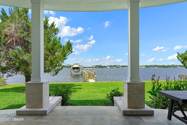 view of patio featuring a dock and a water view