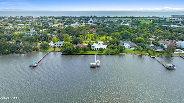 drone / aerial view featuring a water view